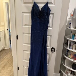 Mon Cheri Midnight Blue Dress with Glitter Accents